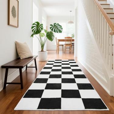Imagem de EcoNest Tapete xadrez lavável, tapete preto e branco de 6 x 1,8 m, tapetes de área de pilha baixa para sala de estar com suporte antiderrapante para quarto, sala de jogos, sala de aula, escritório