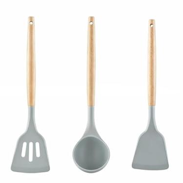 Imagem de Espátula de silicone com cabo de madeira, utensílios de cozinha antiaderentes grandes resistentes ao calor para cozinhar ovos e panquecas