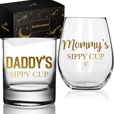 Imagem de Copo de uísque para papai e copo de vinho para mamãe, presentes engraçados para pais de filhas, filhos, presente de vinho para grávidas, pai, mãe, mordaça, presente para Dia dos Pais, Dia das Mães