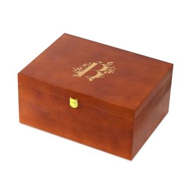 Imagem de InnoBeta Caixa de lembrança de presentes personalizados, caixas de armazenamento de madeira, organizador decorativo com tampa para tesouro de memória, presentes iniciais para aniversário, Natal, B
