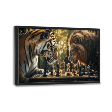 Imagem de Olivine Arte de parede grande de xadrez, decoração de parede de imagens de tigre e leão, pintura de vida selvagem, impressões em tela de jogos, arte emoldurada para sala de jantar, sala de estar