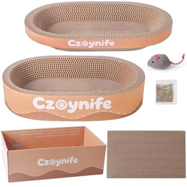 Imagem de Czoynife 3 peças de papelão, almofada oval para arranhões, ninho para gatos internos, tábua redonda para arranhar gatos, cama ondulada para gatos, protetor de móveis para sofá (marrom, 39,9 x 25,4 cm)