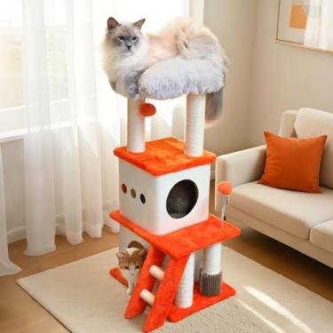 Imagem de PET FULED Árvore para gatos de 95 cm, torre de árvore para gatos com condomínios gêmeos para gatos internos, casa de gato de pelúcia com poleiro acolchoado, escada e postes para arranhar e bolas de