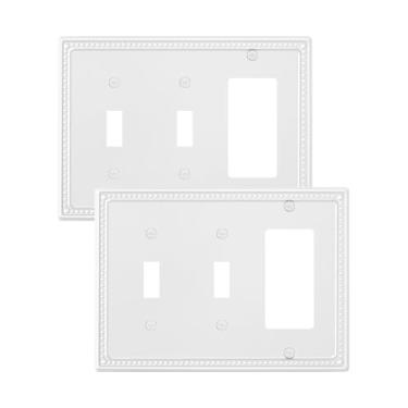 Imagem de TREEWELL Pacote com 2 placas decoradoras/interruptores de luz duplos, placas decorativas de interruptores de pérolas brancas puras e tampas de tomada, placas de parede de metal para tomadas elétricas