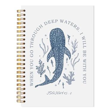 Imagem de LADOCK Caderno cristão tubarão baleia, diário de oração bíblica Isaías 43:2 para mulheres e homens, quando você passar por águas profundas, escritura, religioso, litoral, praia, espiral, 14 x 21 cm