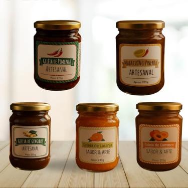 Imagem de Geleias Artesanais Premium, Kit com 5 Sabores Naturais, Pimenta, Maracujá com Pimenta, Gengibre, Laranja e Damasco, 225-275g cada, Vegano