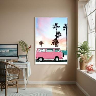 Imagem de Quadro Decorativo Kombi Rosa E Palmeiras-70x50cm Cor:Moldura Branca - 