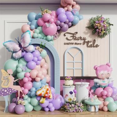 Imagem de Decoração de festa de aniversário do País das Maravilhas, 138 peças, kit de guirlanda de arco de balão de cogumelo borboleta empoeirado rosa roxo azul verde balões para meninas conto de fadas