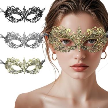 Imagem de Pacote com 3 máscaras de renda em forma, alças ajustáveis, renda de malha macia para baile de máscaras/festas/cosplay, decoração de fantasia formal reutilizável (preto/ouro/prata)