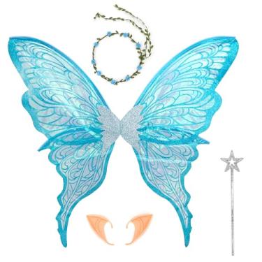 Imagem de FramePro Asas de fadas azuis grandes para adultos, 81 x 76 cm, fantasia feminina com asas de borboleta de organza brilhante para mulheres, cosplay, festas e Halloween