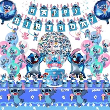 Imagem de Stitch Party Supplies, conjunto de 103 peças de decorações de aniversário inclui faixa, balões, adesivos, redemoinhos pendurados, topos de cupcake de bolo, toalha de mesa para meninos e meninas festa