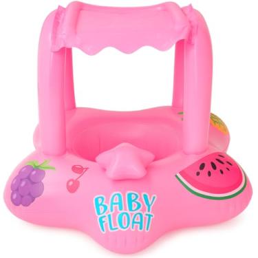 Imagem de Boia Inflável Baby Float com Capota – Assento Infantil em PVC Reforçado, Estampa Frutas, Piscina e Praia – Cores Azul, Amarelo e Rosa – LUMA Festas (ROSA)