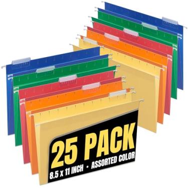 Imagem de 1InTheOffice Pastas de arquivo suspensas, tamanho carta, pastas suspensas com fundo de caixa reforçada com gancho, pastas suspensas de 5 abas, expansão de 5 cm, cores sortidas, pacote com 25