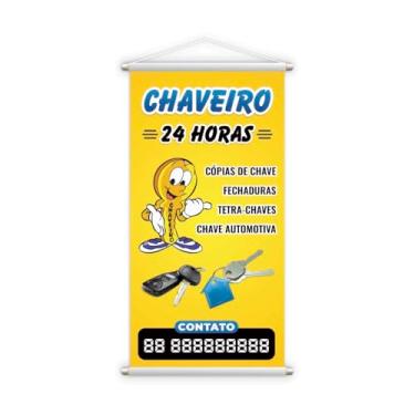 Imagem de Banner Profissional para Chaveiro 24 Horas – Amarelo, 120x60 cm, Material Publicitário com Suporte para Fixação, Serviços de Chaves, Fechaduras e Cópias de Chave BS222-120X60