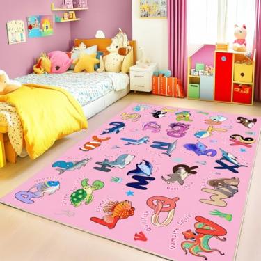 Imagem de Bolacrom Tapete infantil para sala de jogos, tapete educativo para aprender o alfabeto ABC, macio, lavável à máquina, antiderrapante, fofo, organismos marinhos, tapete para sala de aula, berçário