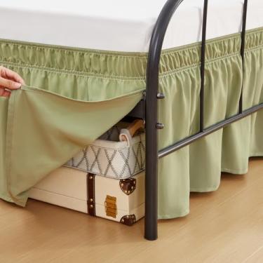Imagem de RIMELA Saias de cama verde poeira com cantos divididos, tamanho king, caimento de 38 cm, rodapé elástico para cama, fácil de instalar, babados, tecido macio, lavável na máquina para armação de metal