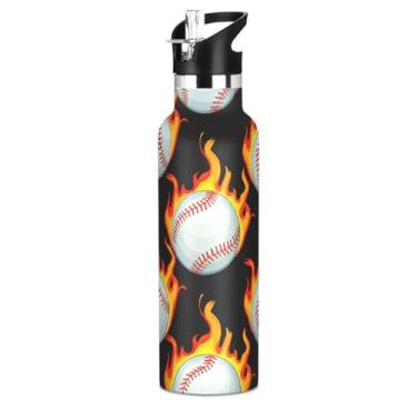 Imagem de Blueangle Garrafa de água de 590 ml com canudo - Garrafa de água esportiva de aço inoxidável sem BPA, design de bolas de beisebol à prova de vazamento para academia, atividades ao ar livre, escritório