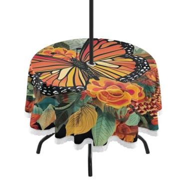 Imagem de Blueangle Toalha de mesa redonda de borboleta laranja impermeável de 152 cm com orifício para guarda-chuva - Tecido resistente à prova de sol para todos os climas para pátio, acampamento, piquenique