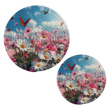 Imagem de Blueangle 2 peças de suporte de panela de margaridas e borboletas - conjunto de pegadores de panela de tecido redondo - almofadas quentes trançadas de algodão - porta-copos - tapetes de mesa para