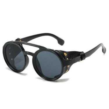 Imagem de HCHES Óculos de Sol Retrô Masculino Feminino em Couro Redondo Vintage Anti-Vento para Esportes ao Ar Livre com Proteção UV400 (Preto)