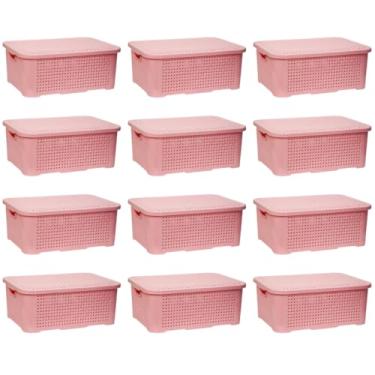Imagem de Kit Com 12 Caixas Organizadoras Media Rattan Com Tampa 10 Litros (ROSA)