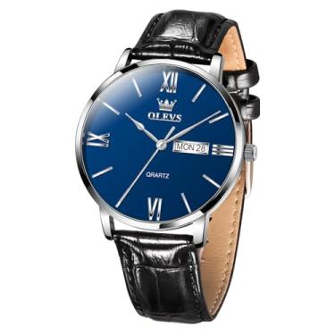 Imagem de OLEVS Relógio masculino à prova d'água, minimalista, analógico, quartzo, aço inoxidável, casual, com data, clássico, luxuoso, elegante, numerais romanos, mostrador grande, BlueFace-G5010, round