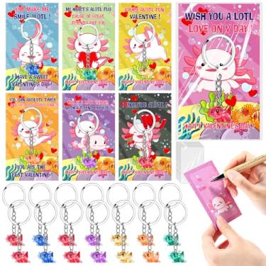 Imagem de HyDren 28 Packs Valentine Kawaii Axolotl Greeting Cards with Keychains Gift for Kids Birthday Party Classroom Prizes Exchange (Glitter)