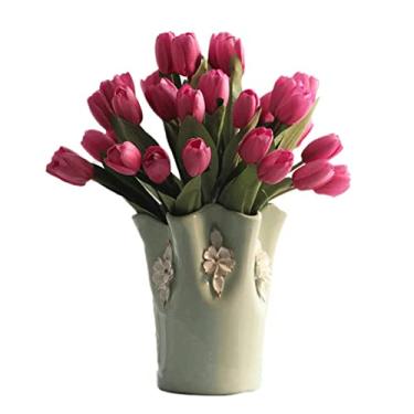 Imagem de LMJYU Flores artificiais para decoração de flores artificiais tulipas arranjos de flores artificiais com vaso de flores falsas decoração arranjo de casamento buquê artificial Fl