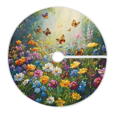 Imagem de Qilmy Saia de árvore de Natal de flores silvestres e borboletas 120 cm, camurça para árvore de Natal, adequada para decoração de armário em ambientes internos e externos, festas, escritórios, lojas