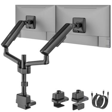 Imagem de monTEK Braço de monitor duplo alto com USB, braço mecânico para monitor de mola para telas de 17 a 35 polegadas, suporte de mesa ajustável para monitores cada um comporta até 11 kg com grampo C/ilhó