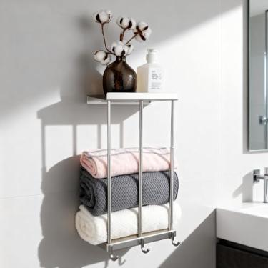 Imagem de Womamny Toalheiro montado na parede, porta-toalhas para banheiro, toalheiro telescópico 37-65 cm com prateleira de banheiro e 3 ganchos de toalha, armazenamento de toalha de aço inoxidável para