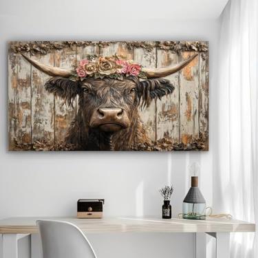 Imagem de Arte de parede em tela rústica com touro em flores - Pôster sem moldura de 30 x 61 cm - Decoração de casa e escritório para sala de estar, quarto, cozinha e café