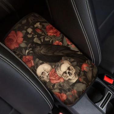 Imagem de Finagallathe Capa de apoio de braço com estampa de corvo para carro caveira rosa almofada de console central decorativa universal capa protetora de caixa de apoio de braço de carro, preta