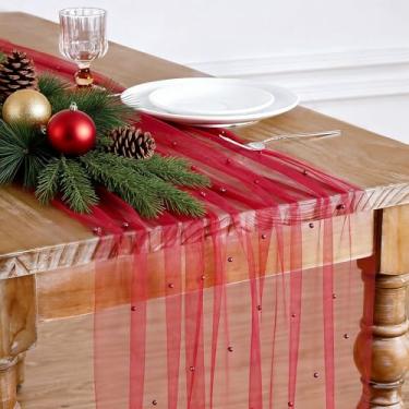 Imagem de LuoluoHouse Caminho de mesa de tule vermelho tecido pérola: véu de Natal sobremesa chiffon pérola renda boho 6 peças sobreposição corredor de casamento decorações de festa doilies