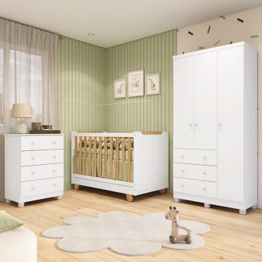 Imagem de Quarto de Bebê Completo com Guarda-roupa 3 Portas Cômoda e Berço 4em1 Minicama em MDF Zuri Móveis Peroba - Branco Brilho/Amendoa/Branco Brilho