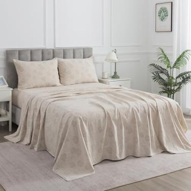 Imagem de Puralens Jogo de cama queen de linho floral bege, lençóis de flores vintage, lençóis de cama macios e aconchegantes com bolso profundo, roupa de cama de casa de campo chique gasto, 70% algodão, 30%