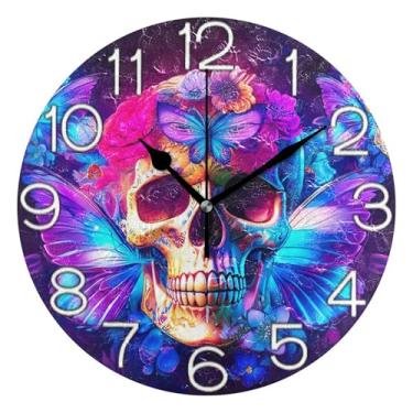 Imagem de GAIGEO Relógio de parede decorativo analógico divertido alimentado por bateria relógio de cozinha fofo, sala de estar decoração de parede moderna, crânios misteriosos coloridos roxos, 25 cm, ponteiros