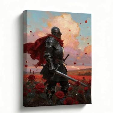 Imagem de Arte de parede em tela de pintura a óleo, cavaleiro no campo de rosas ao pôr do sol, decoração de parede de paisagem romântica escura para sala de estar, quarto, decoração de casa, 20 x 25 cm