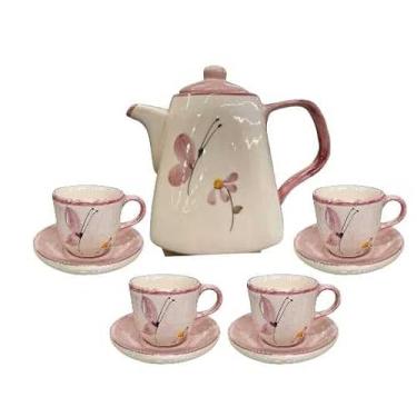 Imagem de Jogo de Chá ou Café Artesanal em Cerâmica com Bule 1,2L e 4 Xícaras 100ml com Pires – Pintado à Mão(Rosa/Papílio)