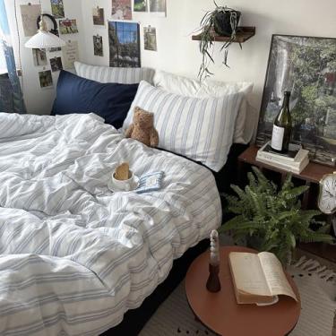 Imagem de mixinni Conjunto de capa de edredom listrado azul e branco vintage - 3 peças 100% algodão lavado roupa de cama tamanho casal | Estilo minimalista relaxado | Ultramacio, respirável, com fecho de zíper