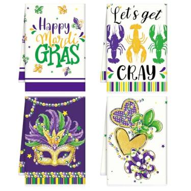 Imagem de VISSTREE Conjunto de 4 toalhas de cozinha Mardi Gras, toalhas de prato de carnaval, máscara de baile de máscaras roxa, pano de prato de lagostins para cozinha, banheiro, férias, decorações de casa