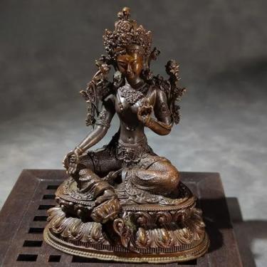 Imagem de FENNYYAR Ornamento de liga de Buda de tara verde retrô para casa, 10,6 cm 10,4 cm, oferecendo estátua de bodhisattva tantra coleção de bronze nepalês