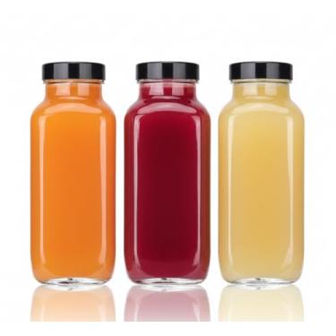 Imagem de Pacote com 3 garrafas de suco de vidro de 250 ml com tampas e etiquetas, recipientes reutilizáveis de armazenamento de suco de viagem, frascos de vidro transparente para sucos, água, gengibre, doses