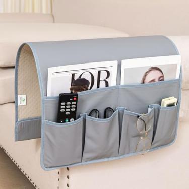 Imagem de HAOMAIJIA Organizador de apoio de braço antiderrapante para sofá, cadeira de cabeceira, organizador de armazenamento para sofá reclinável com 6 bolsos para controle remoto de TV de celular (cinza