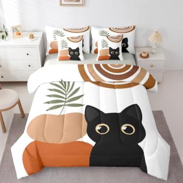 Imagem de Erosebridal Conjunto de cama infantil engraçado de gato, boêmio, meados do século, com lençol solteiro, moderno, minimalista, animal, para meninas, meninos, adultos, conjunto de cama geométrica