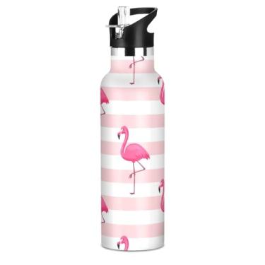 Imagem de Joisal Garrafas de água com listras de flamingos rosa com tampa de canudo garrafa de água de aço inoxidável isolada para meninos meninas 590 ml livre de BPA copo de viagem de parede dupla