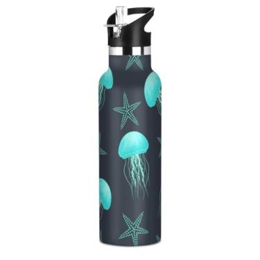 Imagem de Joisal Garrafa de água azul-petróleo água-viva estrela do mar preto com tampa de canudo garrafas de água isoladas de aço inoxidável para meninos meninas 590 ml livre de BPA copo de viagem à prova de