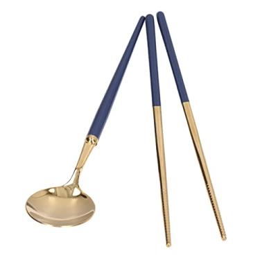 Imagem de GLOGLOW Conjunto de Talheres Com Caixa de Armazenamento de Viagem, Utensílios Reutilizáveis, Pauzinhos, Garfo e Colher, 19 Cm, Leve para Camping Talheres de Aço Inoxidável Nan (ouro azul escuro)