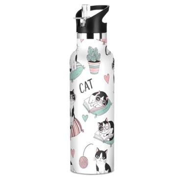 Imagem de Joisal Garrafa de água escolar isolada para crianças, lindos desenhos animados pretos e brancos, 590 ml, parede dupla, vácuo, garrafa de água livre de BPA, copo de viagem de aço inoxidável com tampa