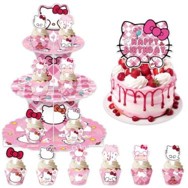 Imagem de Suporte de cupcake de gato de desenho animado de 3 níveis, decorações de festa de aniversário, decoração de bolo para meninas, crianças, chá de bebê, desenho animado, gato, artigos de festa de